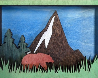 Bear, Mountains & Trees 3D Shadow Box