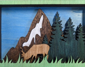 Elk, Mountains & Trees 3D Shadow Box