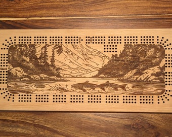 2 Fish swimming in a river, 3 Track Cribbage Board - Laser engraved