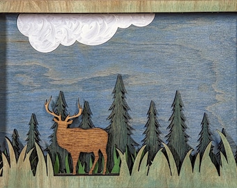 Deer, Mountains & Trees 3D Shadow Box