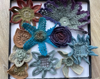 Ensemble de 10 fleurs au crochet irlandais, applique de fleurs au crochet irlandais, fleurs en laine faites à la main