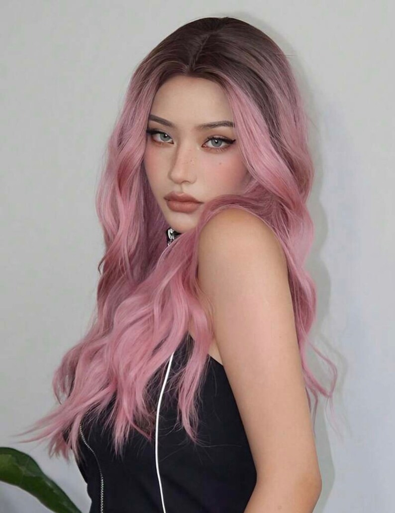 Pink Wigs For Women Dark Roots Pink Medium Part Long Curly Wigs ...