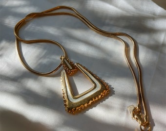 Vintage Raquel Signed Gold Tone White Enamel Textured Triangle Pendant Necklace | Designer Signed