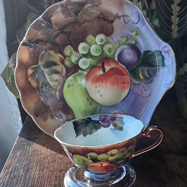 Vintage: Heritage Brown, Lefton Snack Plate and Cup Set, Fruit, Hand Painted, Made in Japan, C.1960s