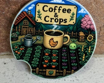 Coffee & Crops Ceramic Car Coaster | Cozy Farm Gamer Gift | Retro Pixel Art Cup Holder Coaster | Handmade Coffee Lover Accessory