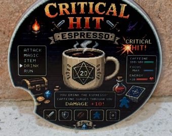 Critical Hit Espresso Ceramic Car Coaster | Retro RPG Gamer Gift | Funny Coffee Cup Holder Coaster | Handmade Fantasy Gaming Accessory