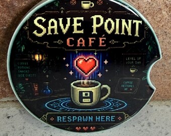 Save Point Cafe Ceramic Car Coaster | Retro 8-Bit Gamer Gift | Video Game Coffee Accessory | Handmade Sublimated Cup Holder Coaster