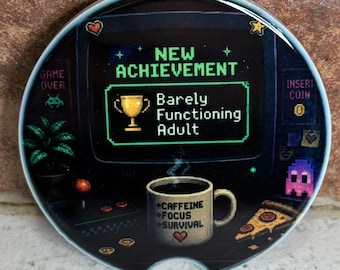 New Achievement Barely Functioning Adult Car Coaster | Retro Gamer Gift | Ceramic Cup Holder Coaster | Funny Coffee Gift