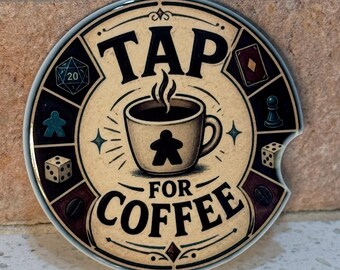 Tap for Coffee Ceramic Car Coaster | Tabletop Board Game Gift | Handmade Ceramic Cup Holder Coaster | Coffee Lover Gamer Accessory