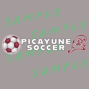 May include: A white soccer ball with maroon panels, the words "Picayune Soccer" in white text, and a maroon stylized illustration of a head with a wave behind it.
