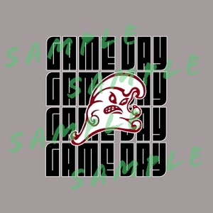 May include: Black and white graphic design with the text "GAME DAY" repeated four times. A red and white cartoon monster is in the center of the design.