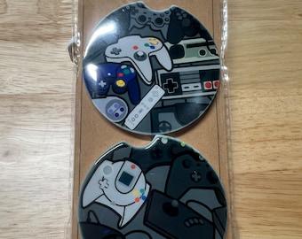 Vintage Video Game Controllers video game Round Absorbent Ceramic Sandstone Car Coaster Video games Xbox PlayStation Nintendo Microsoft