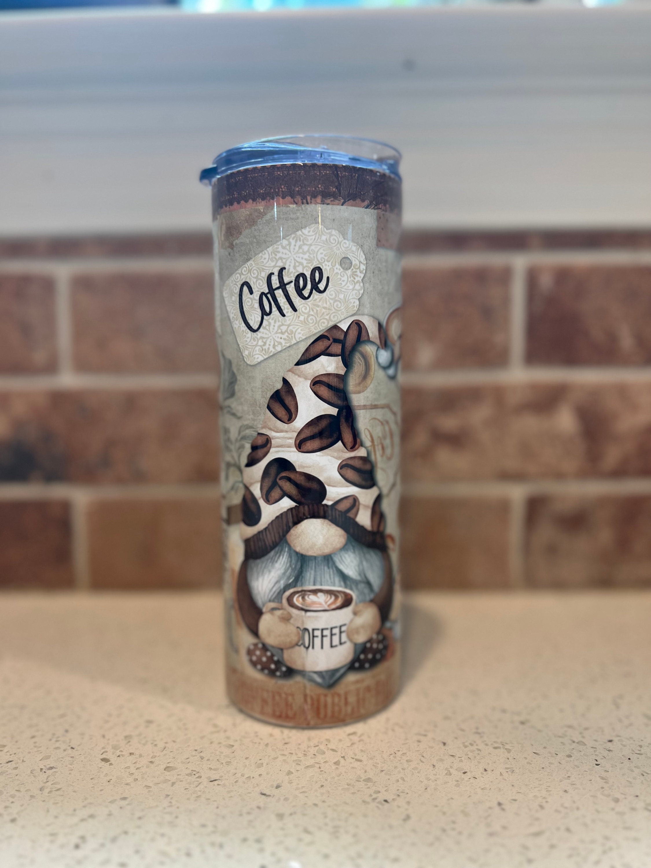 Custom Made 20oz Stainless Steel Tumbler Coffee Gnomes Drinking Coffee
