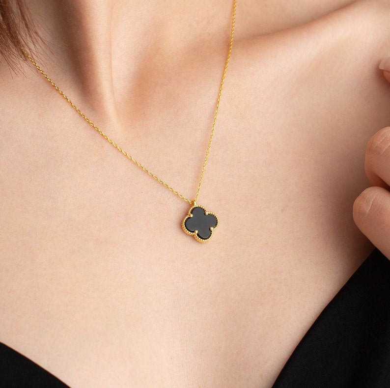 HUANGBONIG Vierblättrige Halskette Damen - Glückskette Schwarz Oder Rot