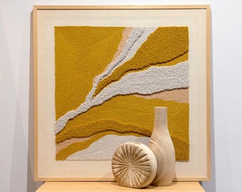 Handwoven Yarn Tapestry in Natural Wood Frame: Beige & Yellow Wall Art