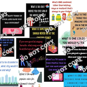 May include: A set of 16 black cards with white text, each card features a different question for a game. The questions are lighthearted and fun, perfect for a party or gathering.