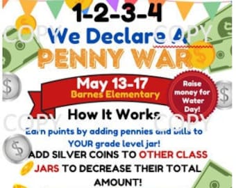 Penny Wars Flyer Elementary School Fundraiser 1, 2, 3, 4 Editable Document Canva EDU
