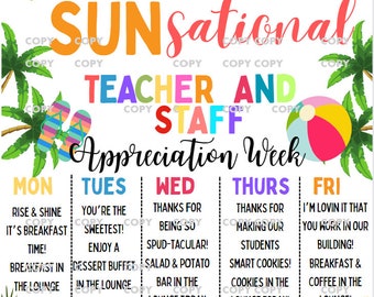 Teacher and Staff Appreciation Weekly Menu Sun Themed Week Editable Flyer Canva EDU