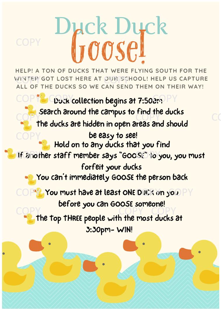 Duck Duck Goose Staff Game Elementary, Middle, Junior or High School