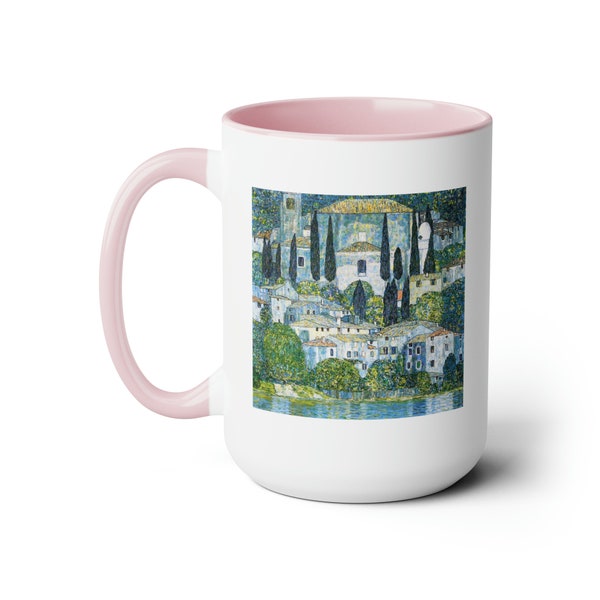 Gustav Klimt's Kirche in Cassone (1913) famous painting.Two-Tone Coffee Mugs, 15oz. Dishwasher and microwave safe