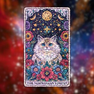 The Norwegian Forest – Sticker, Holographic Mystical Cat Vinyl, Floral Tarot Sticker, Celestial Decor for Cat Lovers & Journals, Halloween