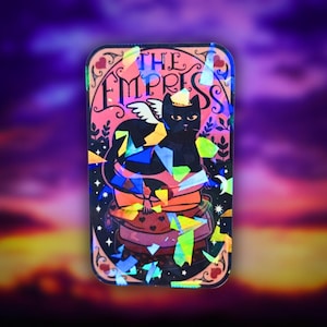 The Empress – Sticker, Holographic Mystical Cat Vinyl, Floral Zodiac-Inspired Sticker, Celestial Decor for Cat Lovers & Journals, Halloween