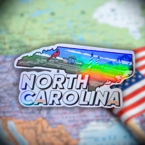 North Carolina- Sticker, Holographic Cardinal & Lighthouse Vinyl Decal, Waterproof Travel Sticker, Southern Aesthetic, American State, Trip
