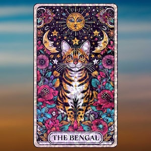 The Bengal - Sticker Holographic Mystical Cat Vinyl, Floral Zodiac-Inspired Sticker, Celestial Decor for Cat Lovers & Journals, Halloween