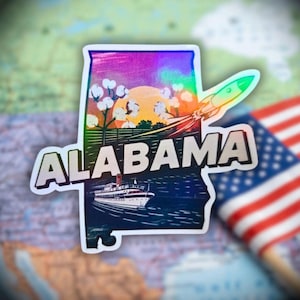 Sticker souvenir de l'Alabama, scène de fusée coucher de soleil arc-en-ciel et de bateau (souvenir de voyage, cadeau Van Life)