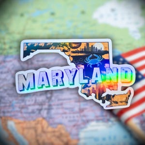 Maryland - Sticker, Holographic Rainbow Crab, Baltimore Skyline, and Nature Icons | Waterproof, Weatherproof Vinyl, American State Sticker