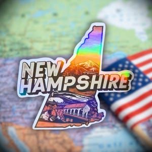 New Hampshire - Sticker, Holographic Vinyl Decal with Mountains & Covered Bridge • Waterproof Travel Sticker • NH Gift or Souvenir, American