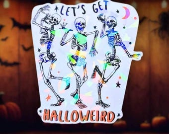 Dancing Skeletons Halloween Sticker, Neon Gem Holographic Decal