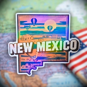 New Mexico - Sticker, Vinyl Travel Decal with Hot Air Balloons & Desert • Waterproof Southwest Aesthetic, American State Sticker, Travel Map