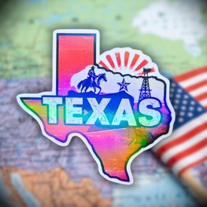 Texas - Adesivo, Adesivo in vinile olografico con cowboy e piattaforma petrolifera • Adesivo da viaggio impermeabile • Souvenir dello Stato della Stella Solitaria, Stato americano, Mappa di viaggio