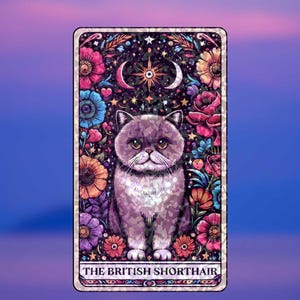 The British Shorthair – Sticker Holographic Mystical Cat Vinyl, Floral Zodiac-Inspired Sticker, Celestial Decor for Cat Lovers & Journals