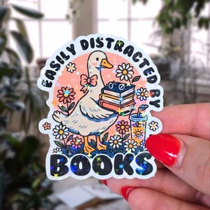 Holographic Duck Sticker: Easily Distracted By Books, Cozy Reader Gift (Laptop Decal) image 2