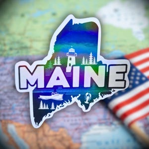 Maine - Sticker, Holographic Sticker • Waterproof State Decal with Lighthouse & Lobster • Coastal New England Sticker for Travel, Vacation