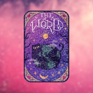 The World – Sticker Holographic Mystical Cat Vinyl, Floral Zodiac-Inspired Sticker, Celestial Decor for Cat Lovers & Journals, Halloween art