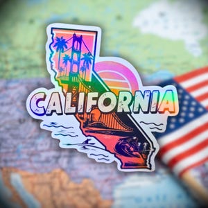 California - Sticker, Holographic Golden Gate Bridge & Surfing Decal, Vinyl Travel Sticker, West Coast Aesthetic, American State Sticker