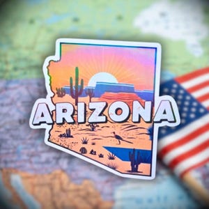 Arizona Sunset Sticker Southwest Travel Decal, Red Rock & Cactus Glow (Waterproof Vinyl, Fade-Resistant, 2-3.5 Inches)