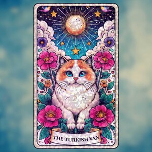 The Turkish Van – Sticker Holographic Mystical Cat Vinyl, Floral Tarot Cat Sticker, Celestial Decor for Cat Lovers & Journals, Halloween