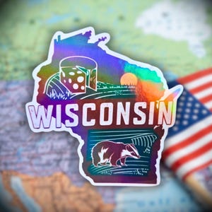 Wisconsin - Sticker, Holographic Cheese & Badger • Midwest Travel Sticker • Waterproof and Weatherproof Souvenir, American State Sticker,