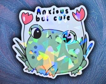 Relatable Sticker Anxious But Cute Frog: Sparkling Humor - Journaling Accessory, Self-Care Gift