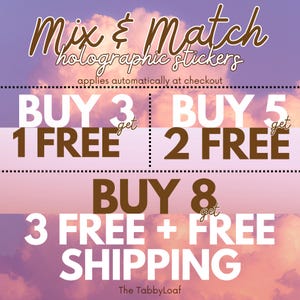 The image is an advertisement for a product called "Mix & Match" that offers a variety of free items when purchasing multiple products. The ad features a colorful sky background with clouds, and the text highlights the different deals available, such as buying 3 items and getting 3 free, buying 5 items and getting 2 free, and buying 8 items and getting 3 free plus shipping.