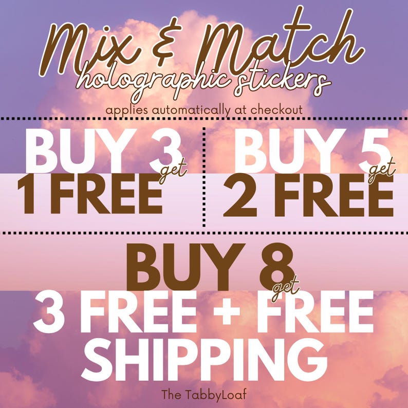 The image is an advertisement for a product called "Mix & Match" that offers a variety of free items when purchasing multiple products. The ad features a colorful sky background with clouds, and the text highlights the different deals available, such as buying 3 items and getting 3 free, buying 5 items and getting 2 free, and buying 8 items and getting 3 free plus shipping.
