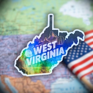 West Virginia - Sticker,  Holographic Bridge & Mountains Vinyl • Waterproof Travel Sticker • Country Roads Souvenir, American State Sticker