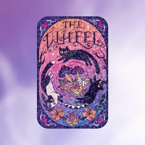 The Wheel – Holographic Cat Tarot Sticker, Mystical Cat Vinyl, Floral Tarot Sticker, Celestial Decor for Cat Lovers & Journals, Haloween Art