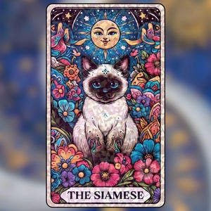 The Siamese – Sticker Holographic Mystical Cat Vinyl, Floral Zodiac-Inspired Sticker, Celestial Decor for Cat Lovers & Journals, Halloween