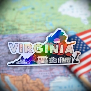Virginia - Sticker, Holographic Colonial Homes & Cardinal Decal • Waterproof Vinyl Travel Sticker • VA Souvenir, American State Sticker