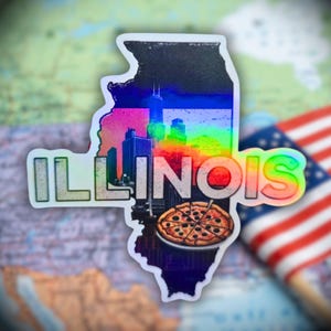 Illinois - Sticker, Chicago Skyline + Deep Dish Pizza | Waterproof Vinyl State Decal, American State Sticker, Travel Map, State Tripping